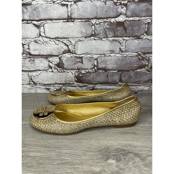 Tory Burch Straw Reva Gold Leather Logo Ballet Flats Women’s Sz 7.5M US/38EU - Picture 1 of 16
